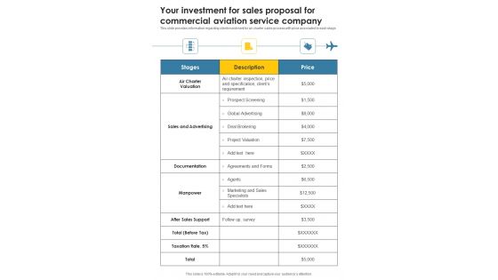 Your Investment For Sales Proposal For Commercial Aviation Service Company One Pager Sample Example Document