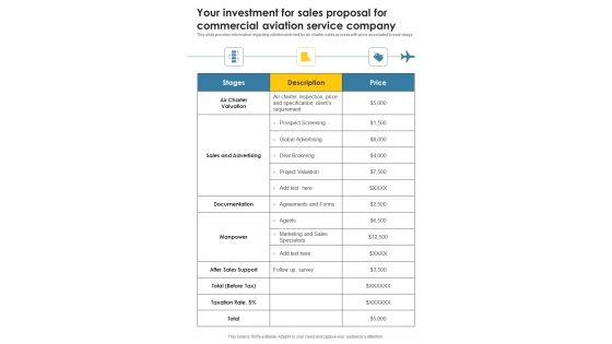 Your Investment For Sales Proposal For Commercial Aviation Service Company One Pager Sample Example Document Your Investment For Sales Proposal For Commercial Aviation Service Company One Pager Sample Example Document