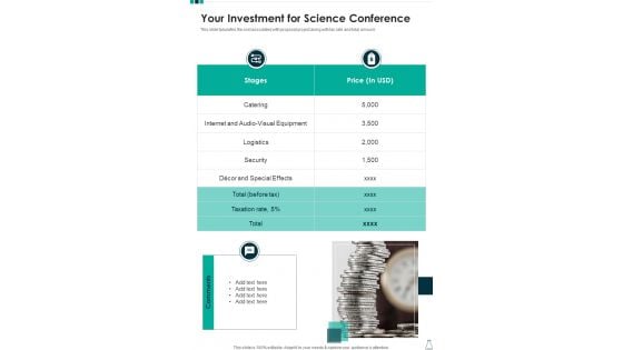 Your Investment For Science Conference One Pager Sample Example Document