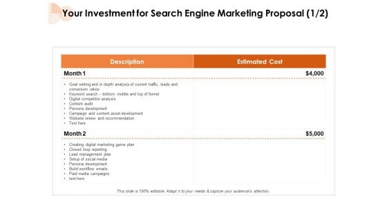 Your Investment For Search Engine Marketing Proposal Cost Ppt PowerPoint Presentation Gallery Mockup PDF