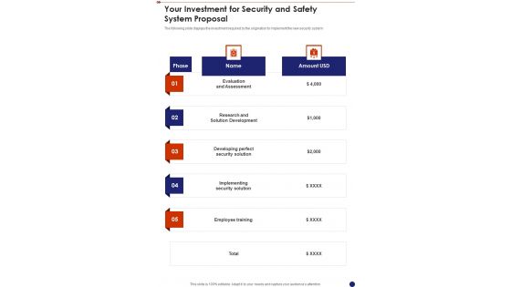 Your Investment For Security And Safety System Proposal One Pager Sample Example Document