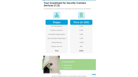 Your Investment For Security Camera Services One Pager Sample Example Document