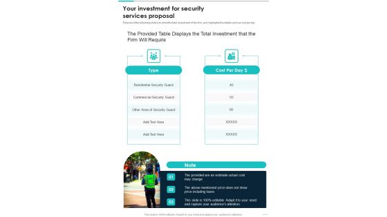 Your Investment For Security Services Proposal One Pager Sample Example Document