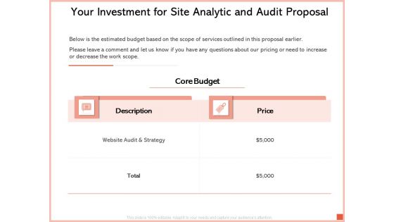 Your Investment For Site Analytic And Audit Proposal Ppt Ideas PDF