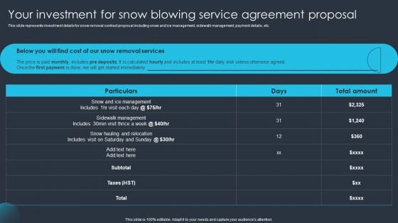 Your Investment For Snow Blowing Service Agreement Proposal Elements PDF