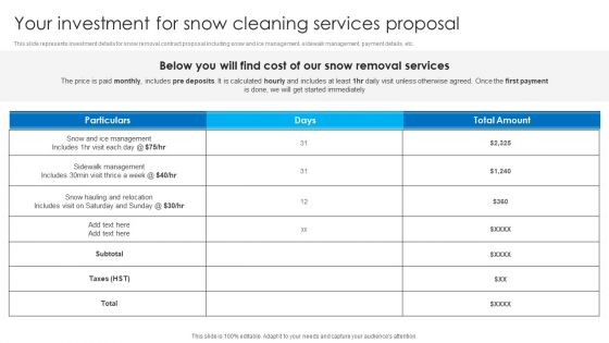 Your Investment For Snow Cleaning Services Proposal Ppt Icon Show PDF