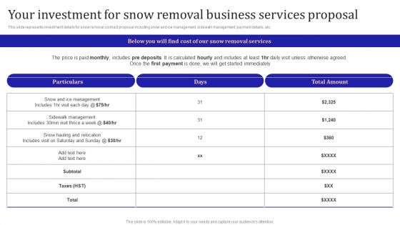 Your Investment For Snow Removal Business Services Proposal Brochure PDF