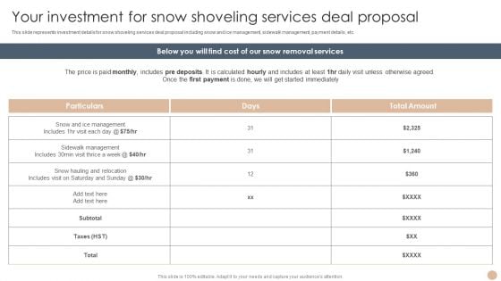 Your Investment For Snow Shoveling Services Deal Proposal Summary PDF