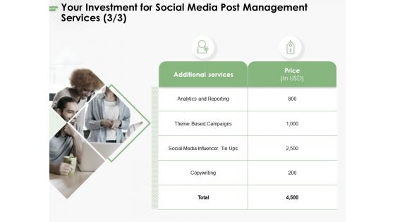 Your Investment For Social Media Post Management Services Ppt PowerPoint Presentation Show Background Image PDF