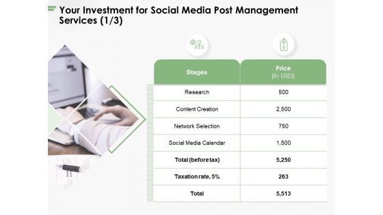 Your Investment For Social Media Post Management Services Research Ppt PowerPoint Presentation Pictures Graphics PDF