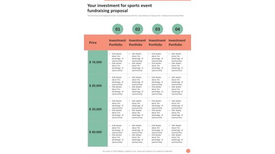 Your Investment For Sports Event Fundraising Proposal One Pager Sample Example Document
