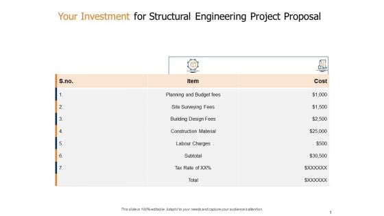 Your Investment For Structural Engineering Project Proposal Ppt Model Example Introduction PDF Your Investment For Structural Engineering Project Proposal Ppt Model Example Introduction PDF