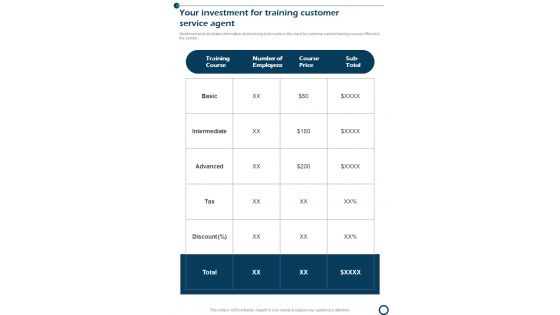 Your Investment For Training Customer Service Agent One Pager Sample Example Document
