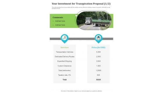 Your Investment For Transpiration Proposal One Pager Sample Example Document