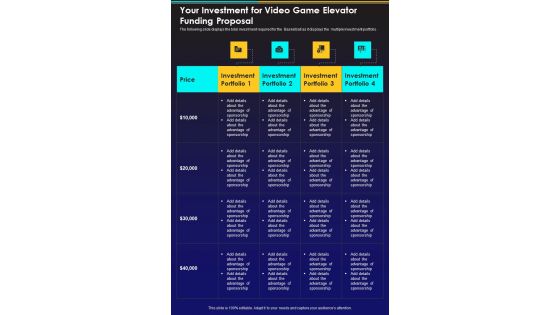 Your Investment For Video Game Elevator Funding Proposal One Pager Sample Example Document Your Investment For Video Game Elevator Funding Proposal One Pager Sample Example Document