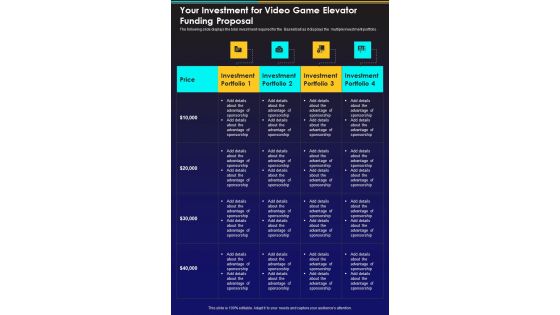 Your Investment For Video Game Elevator Funding Proposal One Pager Sample Example Document