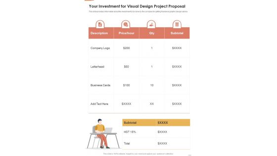 Your Investment For Visual Design Project Proposal One Pager Sample Example Document