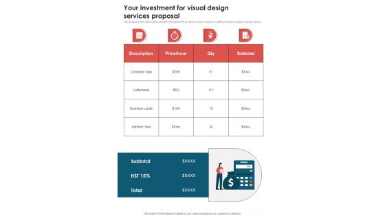 Your Investment For Visual Design Services Proposal One Pager Sample Example Document