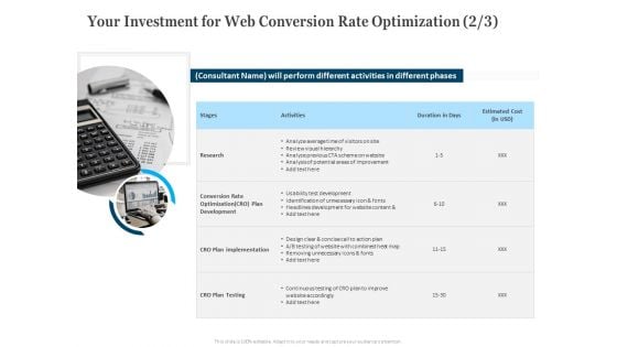 Your Investment For Web Conversion Rate Optimization Activities Ppt Layouts Demonstration PDF