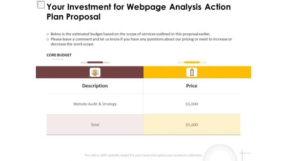 Your Investment For Webpage Analysis Action Plan Proposal Ppt PowerPoint Presentation Visual Aids Layouts PDF