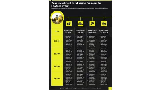 Your Investment Fundraising Proposal For Football Event One Pager Sample Example Document Your Investment Fundraising Proposal For Football Event One Pager Sample Example Document