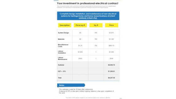 Your Investment In Professional Electrical Contract One Pager Sample Example Document