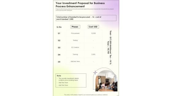 Your Investment Proposal For Business Process Enhancement One Pager Sample Example Document