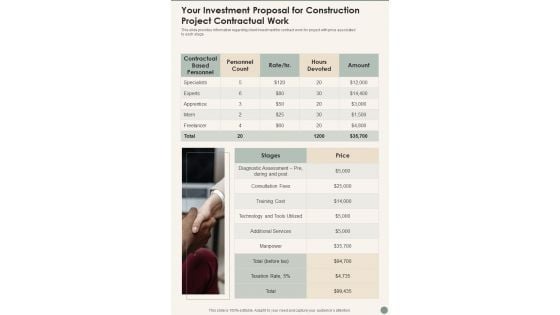 Your Investment Proposal For Construction Project Contractual Work One Pager Sample Example Document