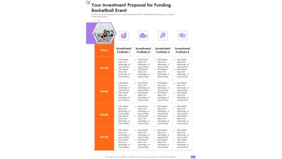 Your Investment Proposal For Funding Basketball Event One Pager Sample Example Document