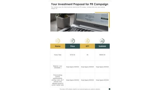 Your Investment Proposal For PR Campaign One Pager Sample Example Document