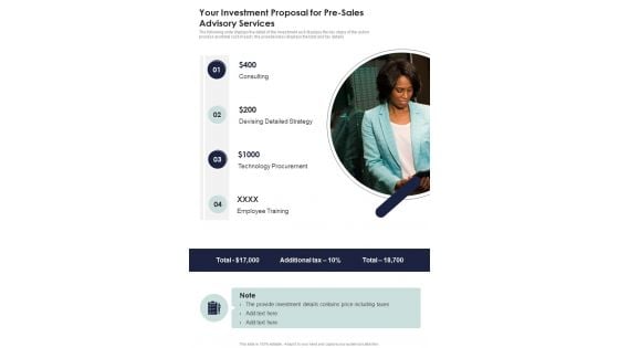 Your Investment Proposal For Pre Sales Advisory Services One Pager Sample Example Document Your Investment Proposal For Pre Sales Advisory Services One Pager Sample Example Document