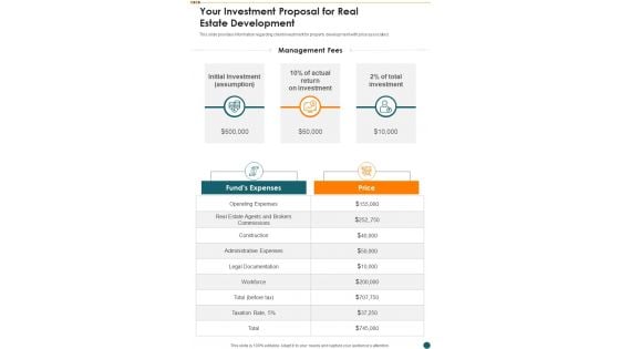 Your Investment Proposal For Real Estate Development One Pager Sample Example Document