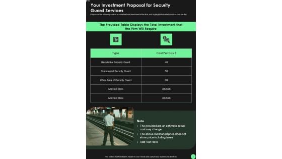 Your Investment Proposal For Security Guard Services One Pager Sample Example Document