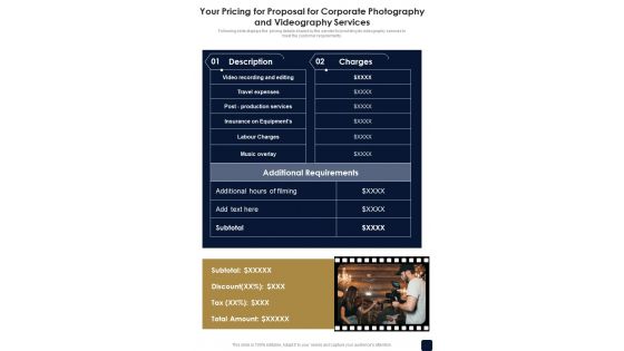 Your Pricing For Corporate Photography And Videography Services One Pager Sample Example Document