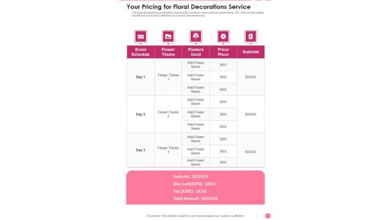 Your Pricing For Floral Decorations Service One Pager Sample Example Document