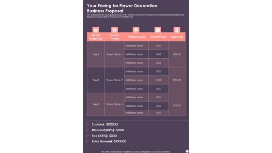 Your Pricing For Flower Decoration Business Proposal One Pager Sample Example Document