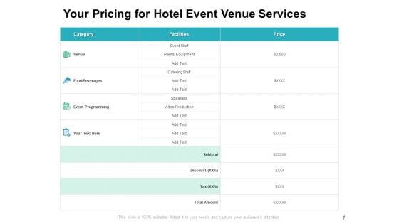 Your Pricing For Hotel Event Venue Services Ppt PowerPoint Presentation Inspiration Guidelines