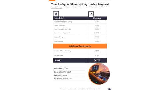 Your Pricing For Video Making Service Proposal One Pager Sample Example Document