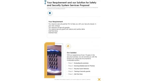 Your Requirement And Our Solution For Safety And Security System Services Proposal One Pager Sample Example Document Your Requirement And Our Solution For Safety And Security System Services Proposal One Pager Sample Example Document