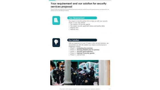 Your Requirement And Our Solution For Security Services Proposal One Pager Sample Example Document