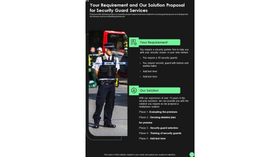 Your Requirement And Our Solution Proposal For Security Guard Services One Pager Sample Example Document