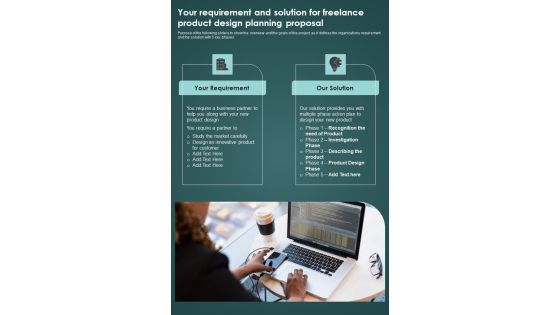 Your Requirement And Solution For Freelance Product Design Planning One Pager Sample Example Document