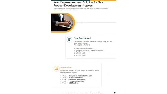 Your Requirement And Solution For New Product Development Proposal One Pager Sample Example Document