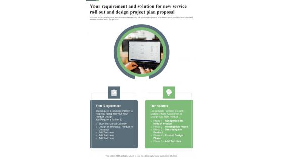 Your Requirement And Solution For New Service Roll Out And Design Project Plan Proposal One Pager Sample Example Document Your Requirement And Solution For New Service Roll Out And Design Project Plan Proposal One Pager Sample Example Document