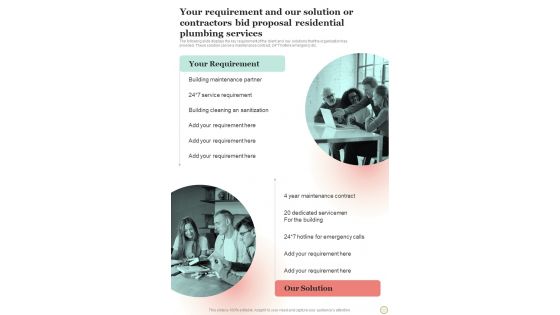 Your Requirement Our Solution Bid Proposal Residential Plumbing Services One Pager Sample Example Document Your Requirement Our Solution Bid Proposal Residential Plumbing Services One Pager Sample Example Document