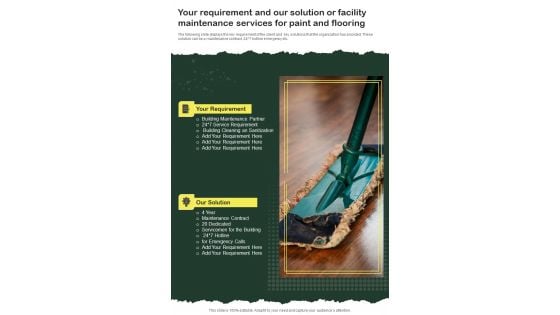 Your Requirement Our Solution Facility Maintenance Services Paint And Flooring One Pager Sample Example Document Your Requirement Our Solution Facility Maintenance Services Paint And Flooring One Pager Sample Example Document