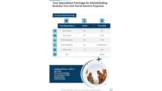 Your Specialized Package For Administrating Business Tour And Travel Service Proposal One Pager Sample Example Document