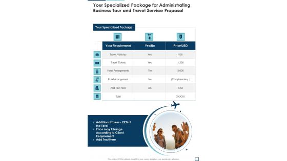 Your Specialized Package For Administrating Business Tour And Travel Service Proposal One Pager Sample Example Document Your Specialized Package For Administrating Business Tour And Travel Service Proposal One Pager Sample Example Document