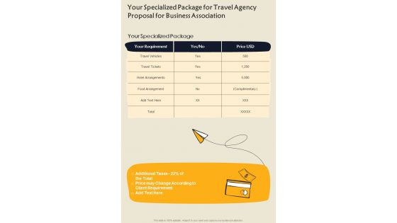 Your Specialized Package For Travel Agency Proposal For Business Association One Pager Sample Example Document