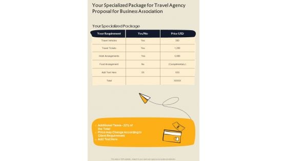 Your Specialized Package For Travel Agency Proposal For Business Association One Pager Sample Example Document Your Specialized Package For Travel Agency Proposal For Business Association One Pager Sample Example Document
